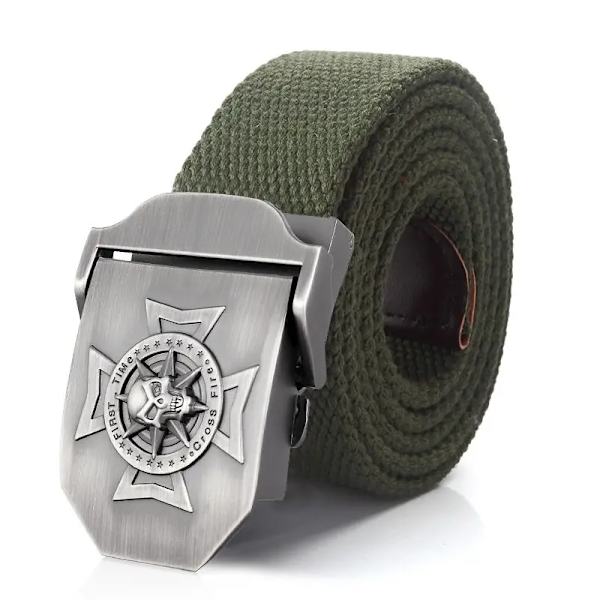 BOKADIAO Herr & Kvinnor Militär Canvas bälte lyxigt midjeband Skalle Cross Metal spänne jeans bälte Army taktiska bälten för manlig rem Khaki stripe 100cm