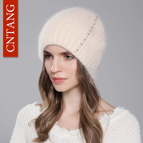 Cntang Angorahatt för kvinnor, vinter, stickad, varm, mössa, mode, lyxig designerhatt för kvinnor med pärldiamant White
