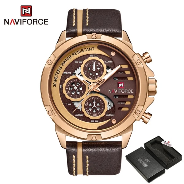 NAVIFORCE Herrklockor Toppmärke Lyx Vattentät 24-timmarsdatum Quartz Watch Man Läder Watch Herr Vattentät klocka RGCEBN BOX