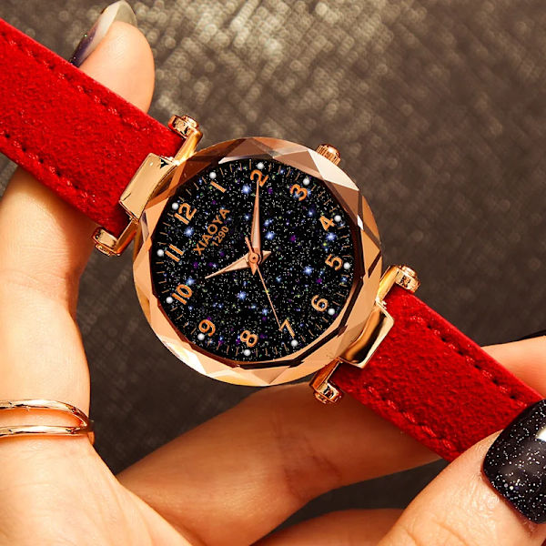 Lyx Starry Sky Watch For Women Mode Dam Quartz Armbandsur Rött Läder Vattentät Klocka relogio feminino zegarek damski Red