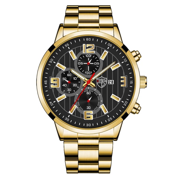 Herrmode Sportklockor för män Business rostfritt stål Quartz Armbandsur Kalender Man Casual Läder Luminous Clock Watch Steel Gold Gold