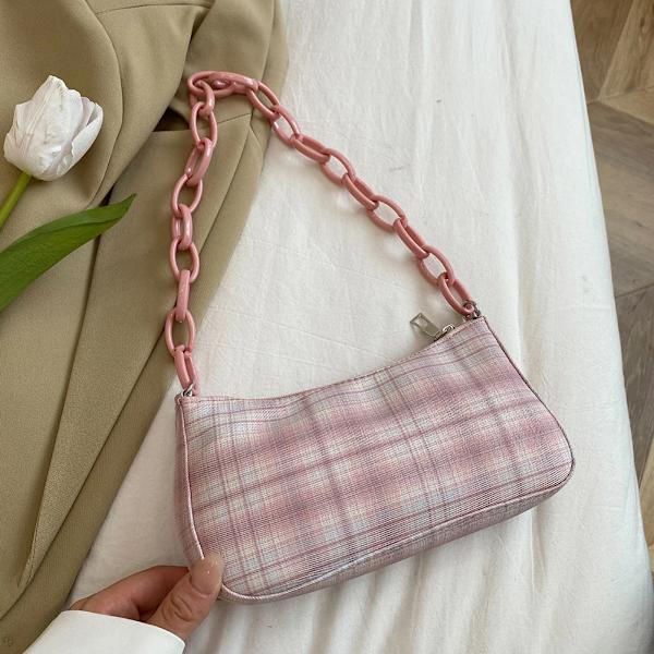 Shopperväska för kvinnor Trend Rutigt Print Nylon Handväska Kvinnlig Axelväskor för tjejer Billig kvalitet Små plånböcker Nyhet Pink