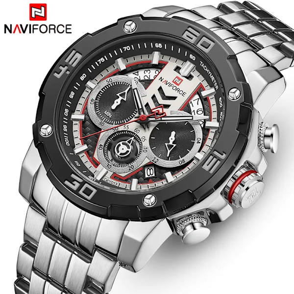 NAVIFORCE Herrklockor Toppmärke Lyx Luminous Quartz Watch Rostfritt stål Sportkronografklocka Relogio Masculino Steel Silver Black