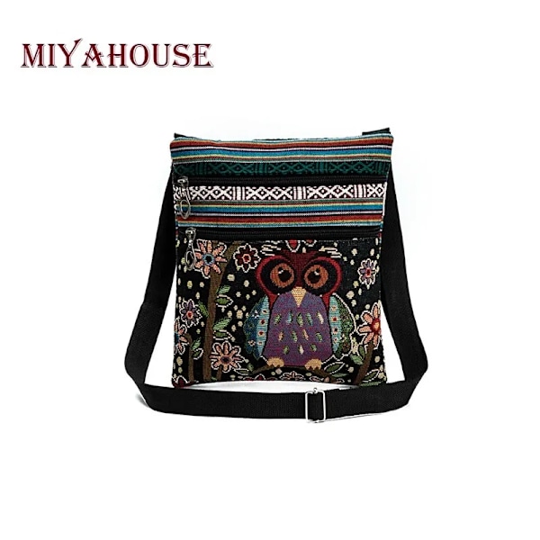 Miyahouse Casual Liten Dubbel Dragkedja Messenger Bag Kvinnor Tecknad Uggla Printed Flap Bag Axelväska Damer 4382c