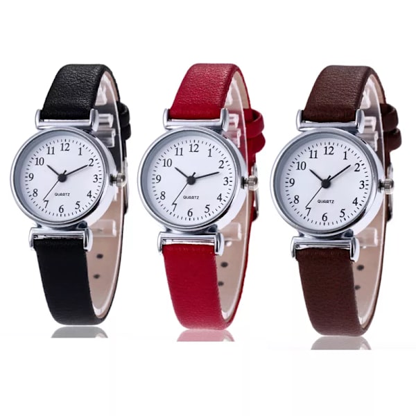 Toppklassiska damklockor Casual Quartz Läderarmband Watch Rund analog klocka Armbandsur Red