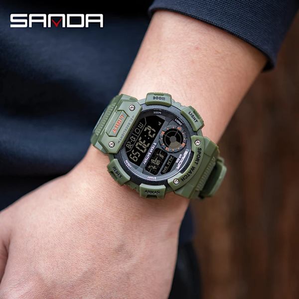 SANDA Herr Elektronisk Watch Lysande Vattentät Multifunktionell Utomhussport Herrklockor Watch Relogio Masculino 6009 Army Green