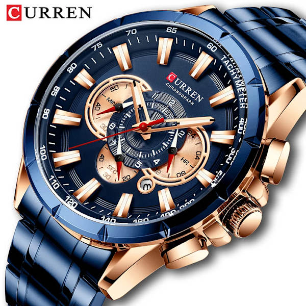 Curren Watch Topp Lyxmärke Big Urtavla Blue Quartz Herrklockor Kronograf Sport Armbandsur Man Rostfritt stål Datumklocka RG BE Box