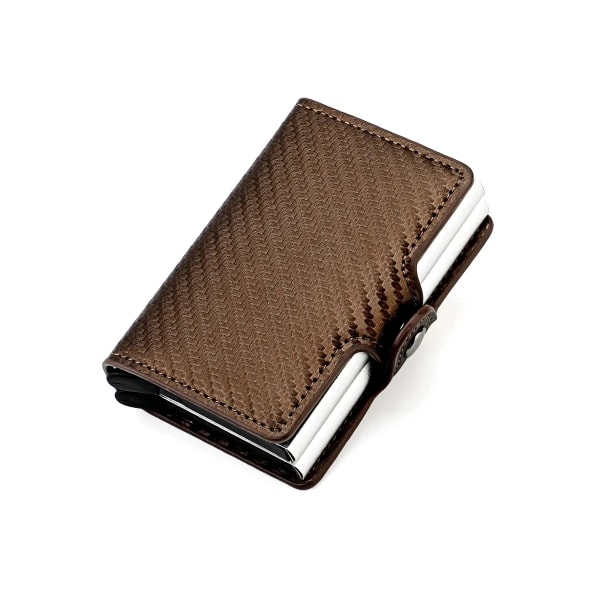 RFID blockerande dubbelbox metall kreditkortshållare för män kvinnor kolfiber läder mini plånbok herr korthållare pengar klämma coffee(.2197)