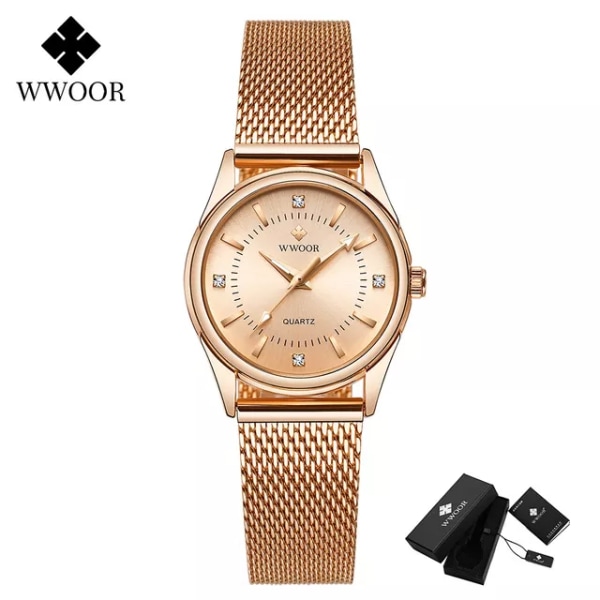 2022 WWOOR Modemärke Damklockor Lyx Diamond Rose Gold Dam Watch Elegant watch för tjejer montre femme Rose gold box