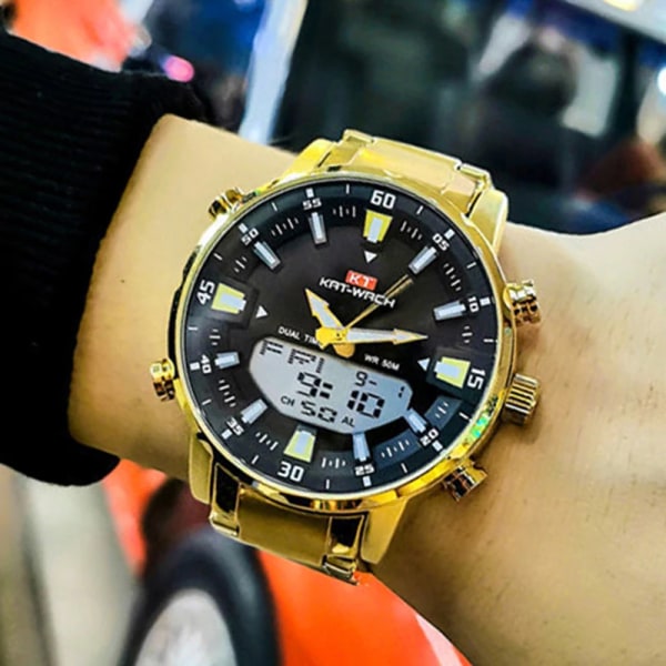 Toppmärke Herr Watch 50M Vattentät Sport Digitala Klockor Herr LED Steel Military Quartz Watch Guldfärg Big Dial Clock leather gold