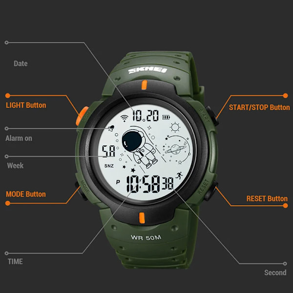 Sportklockor Herrklocka Cosmonaut Dial Time Led Light Display Watch Herr Digital Armbandsur 50M Vattentät SKMEI Reloj Hombre 1068 RED