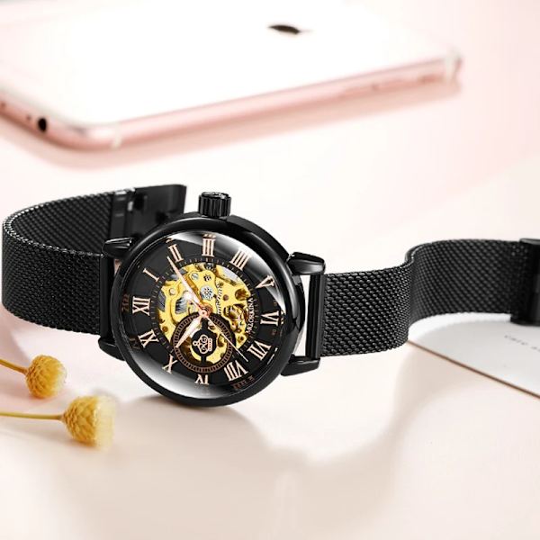 Reloj Mujer Montre Femme 2023 Silver Dam Klänning Klockor Dam Rostfritt stål Armband Skelett Automatiska Mekaniska Klockor Black