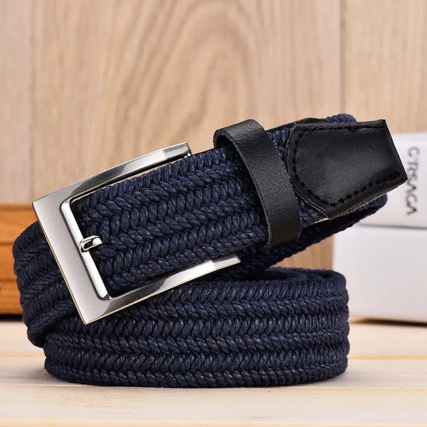 Läderbälte för män för elastiskt rep vax Canvas flätat vävt stretchbälte med lång midja 3,5 CM Cowskin Bälte Toppspets för män 95-160 CM Dark Blue 105CM