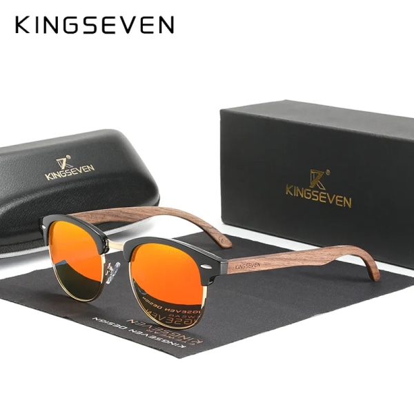 KINGSEVEN Handgjorda 2022 svarta valnötssolglasögon av trä för män Polariserad UV400-skydd Halvbåglös retroglasögon Dam Oculos Red Original