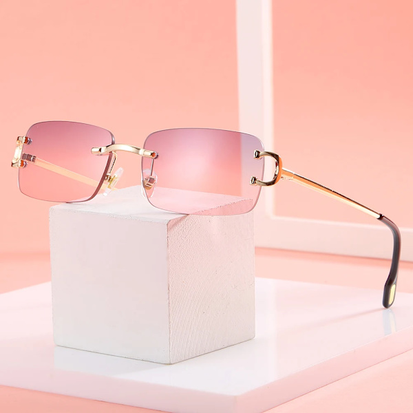 Kachawoo retro rektangulära solglasögon båglösa manliga kvinnliga uv400 små solglasögon mode blå rosa guld metall födelsedagspresenter gold with clear as show in photo
