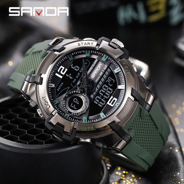 Sanda ny manlig Sports Watch personlighet cool vattentät elektronisk watch mode stor urtavla watch man black green