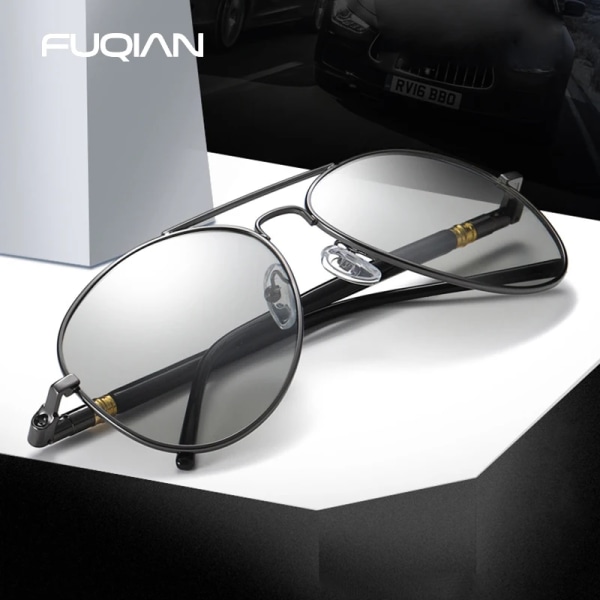 FUQIAN Mode Photochromic Solglasögon Män Kvinnor Kameleont Polarized Pilot Solglasögon Anti-bländning Körglasögon UV400 Gun-Photochromic Photochromic