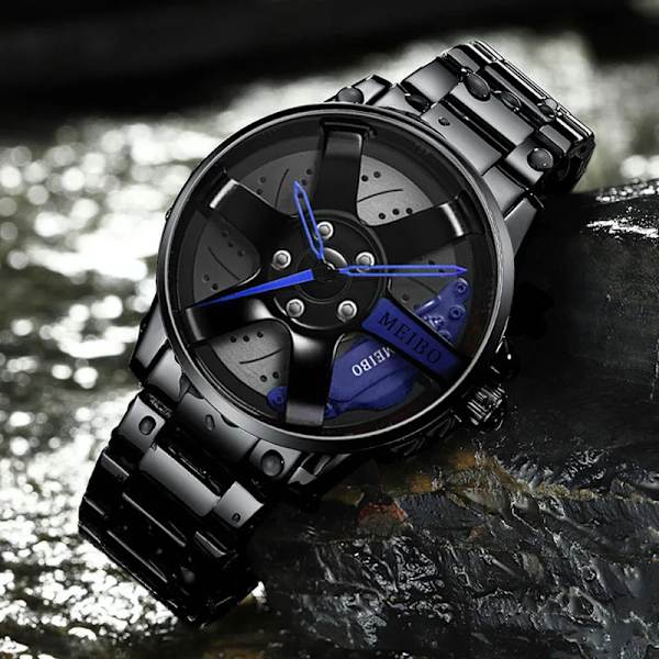 Watch för män för vattentät vakuumplätering med bilhjulsfälgnavdesign sportautomatiskt armbandsur MB113 Blue