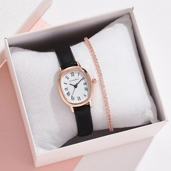 Nytt Dammode Svarta Klockor Set Vintage Läder Dam Armbandsur Enkel Oval Urtavla Klänning Retro Kvinnlig Quartz Armbandsur Black Set