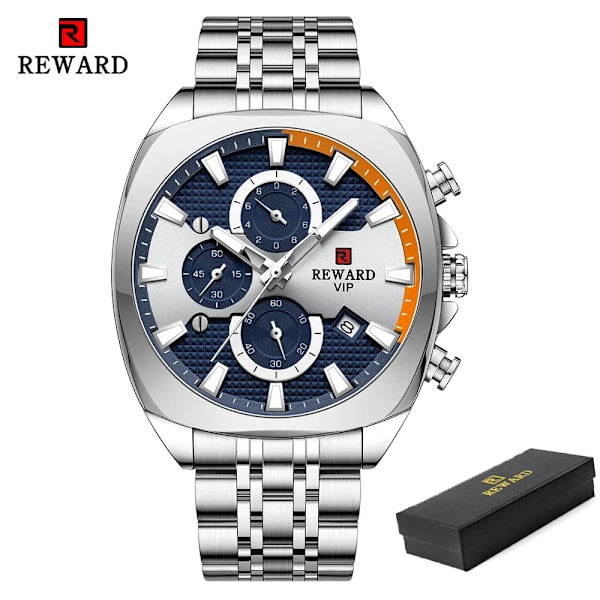 REWARD Herrklockor Toppmärke Lyx Rostfritt stål Kronograf Watch För Herr Mode Datum Vattentät Klocka Reloj Hombre Silver Blue