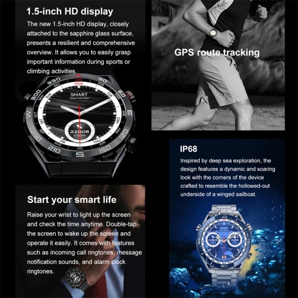 För Huawei NFC Smart Watch Herr GPS Track 454*454 HD AMOLED Skärm Kompass Puls BT Call IP68 Vattentät SmartWatch Ny Black