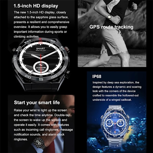 NFC AMOLED Smart Watch Herr Custom Dial Svara Ring Sport GPS Track Kompass IP68 Vattentät Smartwatch För Huawei Ultimate Silver
