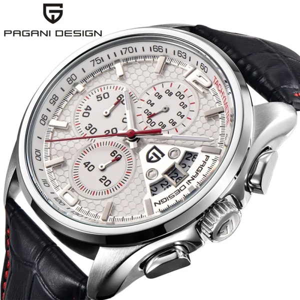 Pagani Design New Chronograph Stop Watch Luminous Watch Single Calendar Sports Läderklockor för män -PD-3306BRE white red B