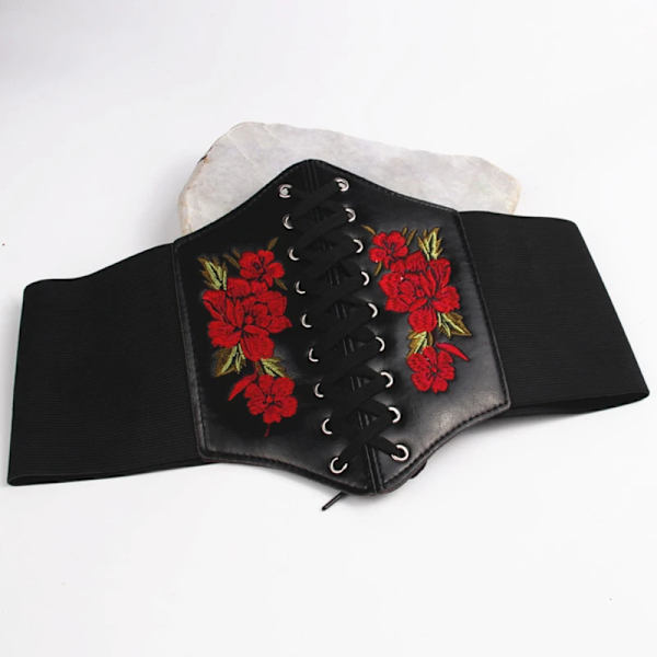 Broderad Svart Dam Bälte Blomma Midjekorsett Vacker Stretch Elastisk Midjeband Bred Korsett PU Läder Midja Smal Black embroidery 69-95cm