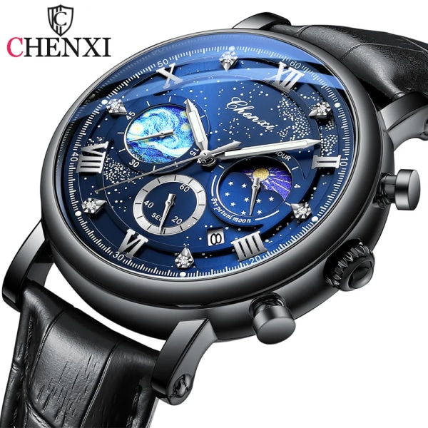 CHENXI Herrklockor Top Märke Lyx Läder Kronograf Watch För Herr Mode Date BusinessVattentät självlysande klocka Black Blue Box