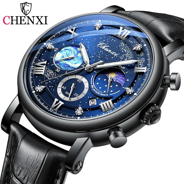 CHENXI Herrklockor Top Märke Lyx Läder Kronograf Watch För Herr Mode Date BusinessVattentät självlysande klocka Silver Blue