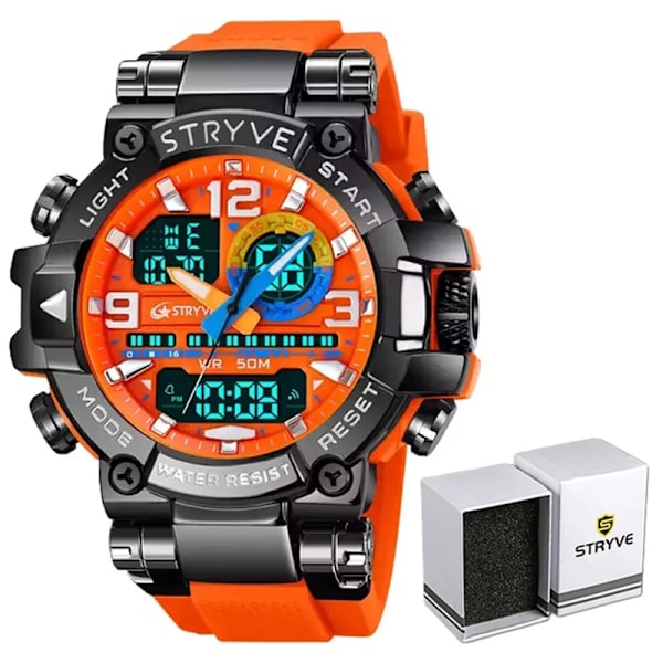 Ny STRYVE- watch för män Digital-Analog Dual Movement Calendar Week Vattentäta klockor Mode Sport Herrarmbandsur 8025 Orange