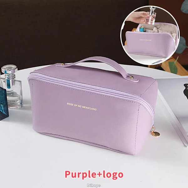 Skönhetsväska med stor kapacitet Bärbar sminkpåse i läder, vattentät badrumstvättväska, multifunktionell toalettartiklar purple-logo