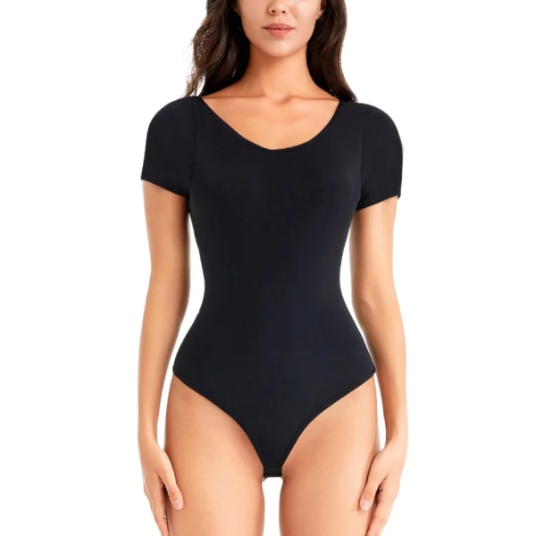 Damer i ett stycke kortärmad underkläder Magkontrollbyxa Lyftande sömlös stringtrosa Desigh Bodysuit Bottoming Corset black L