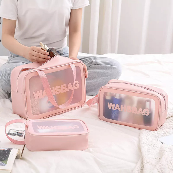 Resesmink Organizer Förvaring Badkar Toalett Tvättväska Transparent kosmetikväska PVC Kvinnor Dragkedja Genomskinliga sminkväskor Case Flap Pink
