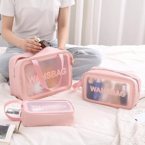Transparent kosmetikväska PVC Kvinnor Dragkedja Genomskinliga sminkväskor Case Resesmink Organizer Förvaring Badkar Toalettväska Tvättväska Little Pink