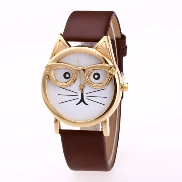 Dam Geneva Watch Läderarmband Analog Quartz Armbandsur Leopard Cat Face Glasögon Barnklocka Damklocka Watch Feminino Coffee