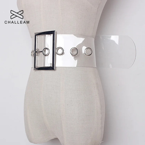 Mode Kvinnor Transparent Bredt Bälte Kvinna PVC Klara Bälten För Klänning Dam Metall Nål Spänne Sommar Vit Stora Grommet Strap 223 Transparent 105CM