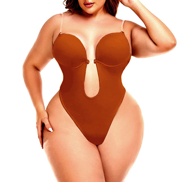 AfruliA Damklänning Rygglösa Bodysuits Shapewear Vadderad BH Helkroppsformare Sömlösa underkläder Stringtrosa Djup V-ringad Slipshorts charming brown M (34)
