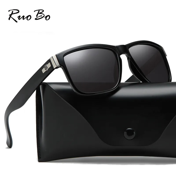 RUOBO Brand Klassisk Design Män Polariserad Spegel Solglasögon Körning Fiske Sport Glasögon För Man TR90 Goggle UV400 Gafas De Sol Black White-Black PC Frame