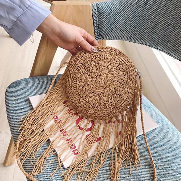 Gusure Sommar Rund Halm Rottingväska Casual Handgjorda vävda Strandväskor Kvinna Stor kapacitet Axelväskor Resehandväska säck cotton-khaki
