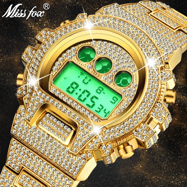 Hip Hop MISSFOX Helt Iced Out Herrklockor Digitalt rostfritt stål Mode Lyx Diamond Quartz Armbandsur AAA Classic Watch V304-GG