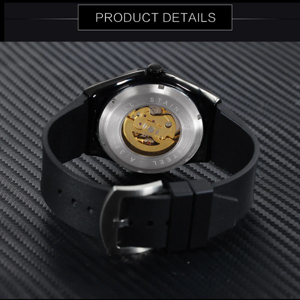 VINNARE Automatisk mekanisk watch för män Gummiband Skeletturtavla Manklocka Militärsportstil Armbandsur BLACK GOLDEN