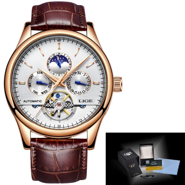 Relogio Masculin LIGE Nya Herrklockor Toppmärke Lyx Automatisk Mekanisk Watch Herr Läder Vattentät Watch Veckoklocka+låda Gold white