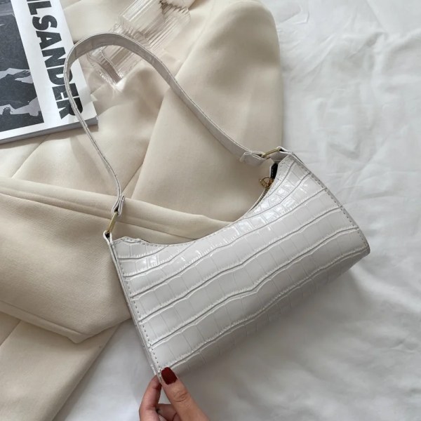 Retro krokodilmönster axelväskor för kvinnor Dam Vintage Handväskor Casual solida axelväskor ny crossbody väska White