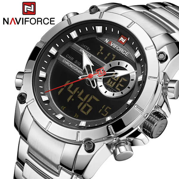 NAVIFORCE Top Brand Lyx Watch Herr Vattentät Quartz Digital Led Man Klocka Militär Sport Rostfritt stål Man Armbandsur 9163 NA916303 without box