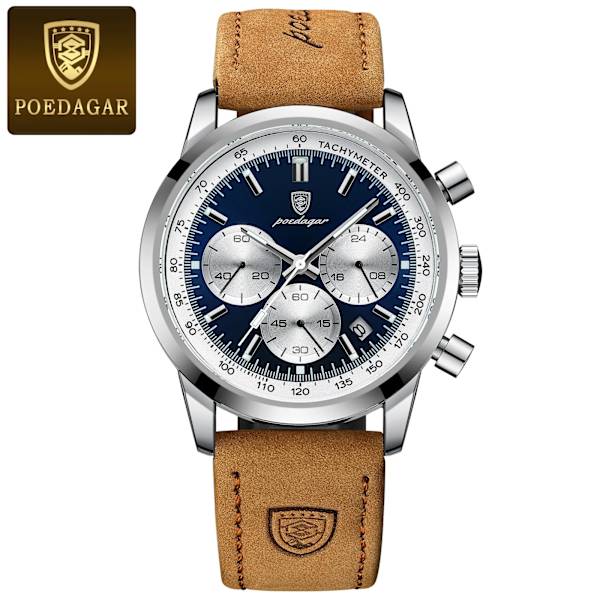 POEDAGAR Lyx Watch Högkvalitativ vattentät kronograf Lysande Herrarmbandsur Läder Herr Kvartsklockor Casual Silver Blue