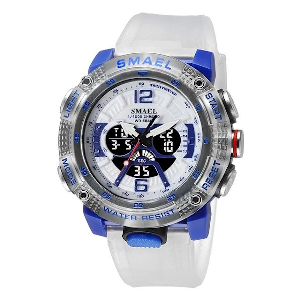 2023 Nya Sportklockor Herr SMAEL Vattentät Analog Digital Quartz Armbandsur Man Mode Stoppur Alarm Clock 8058 Man Watch White Blue