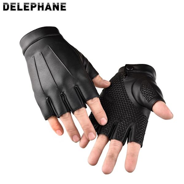 Sommar tunna PU-läderhandskar för män Kvinnor Halkfria Fingerless Mode Handhandskar Svarta Motorcykelhandskar Arbetskörning Airsoft Black M