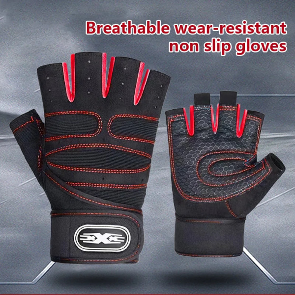Herr Gym Handskar Tyngdlyftning Bodybuilding Träning Fitness Fingerlösa handskar Halvfinger Cykelhandskar Halkfritt handledsstöd Black Red L