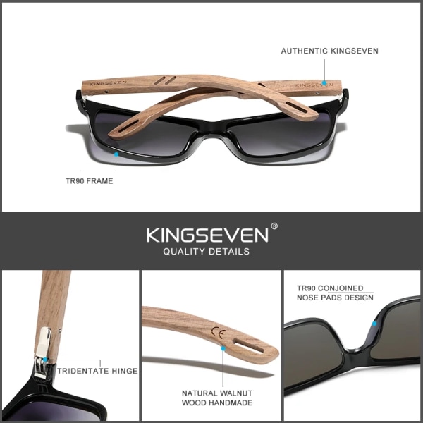 KINGSEVEN Brand Design TR90+Valnötsträ Handgjorda solglasögon Män Polariserade glasögon Tillbehör Solglasögon Förstärkt gångjärn Gradient Gray Original